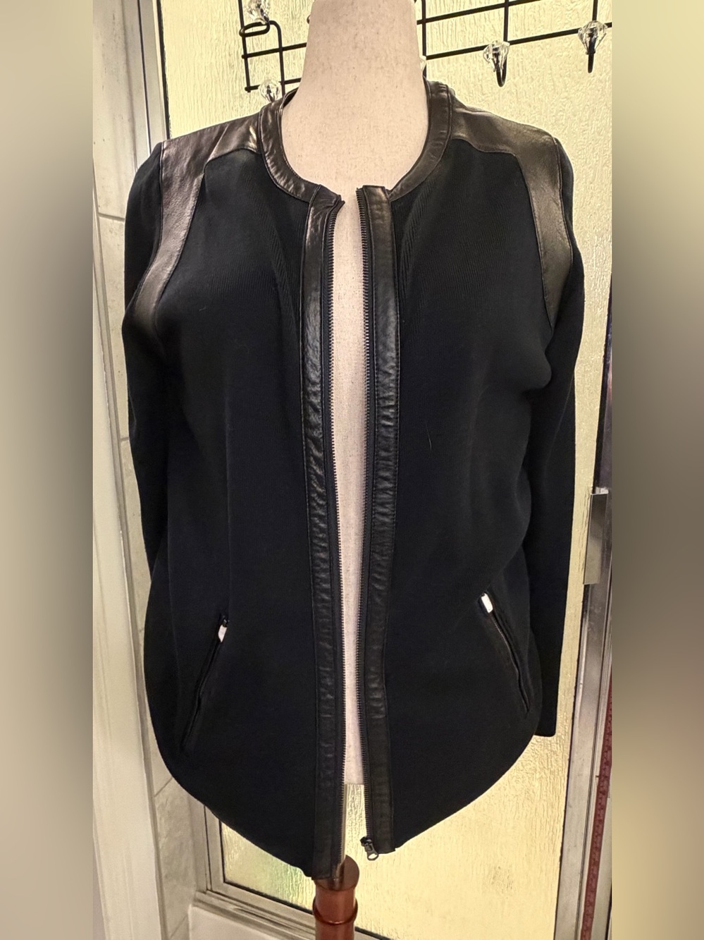 NWOT Jessica London Leather Trim Zip Sweater Jacket Black Plus Size 22/24 $55